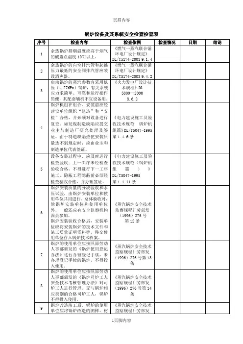 锅炉设备及其系统安全检查检查表