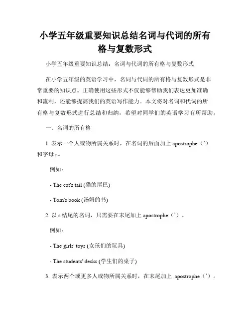 小学五年级重要知识总结名词与代词的所有格与复数形式