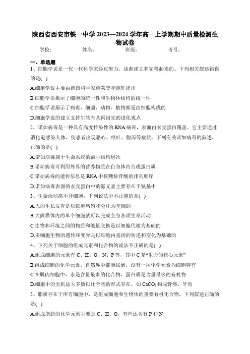 陕西省西安市铁一中学2023—2024学年高一上学期期中质量检测生物试卷(含答案)