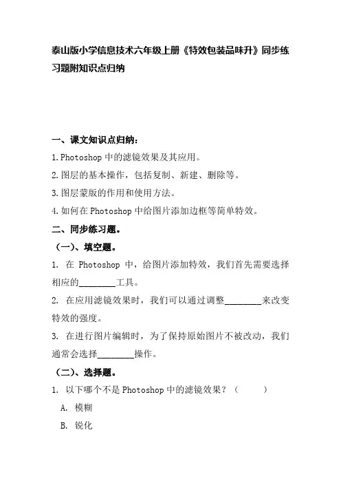 泰山版小学信息技术六年级上册《特效包装品味升》同步练习题附知识点归纳