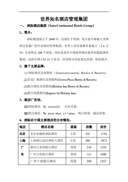 世界知名酒店管理集团基本概况 - 世界知名酒店管理集团