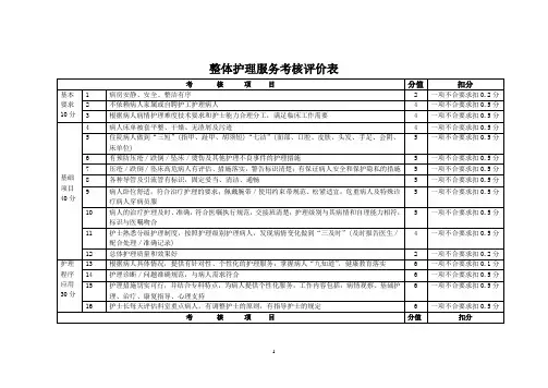 整体护理服务考核评价表