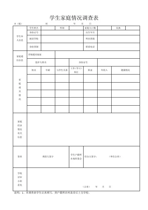 贫困生学生家庭情况调查表