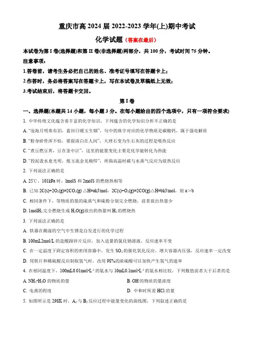 重庆市2022-2023学年高二上学期11月期中考试化学试题含答案