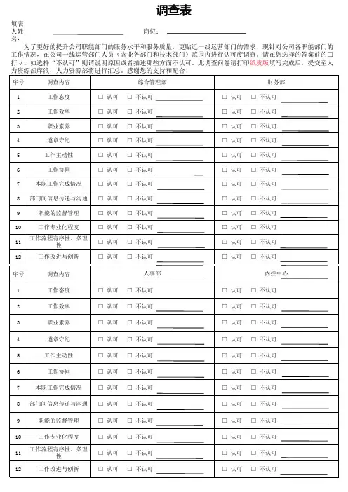 职能部门认可度调查表