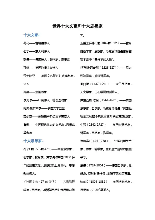 世界十大文豪和十大思想家