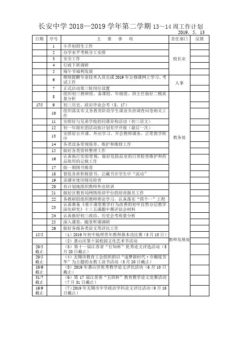长安中学2018—2019学年第二学期13~14周工作计划