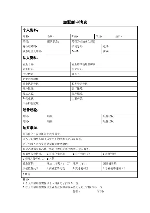 加盟商申请表
