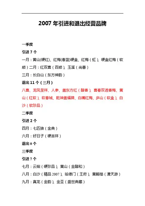 2007年引进和退出经营品牌