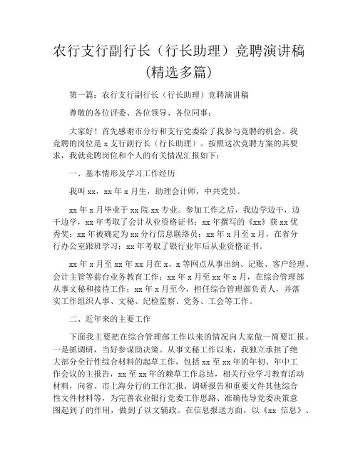 农行支行副行长(行长助理)竞聘演讲稿(精选多篇)