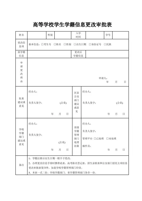 高等学校学生学籍信息更改审批表