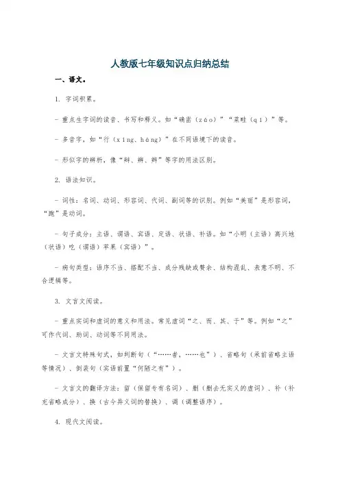 人教版七年级知识点归纳总结