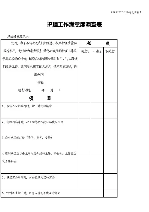 医院护理工作满意度调查表