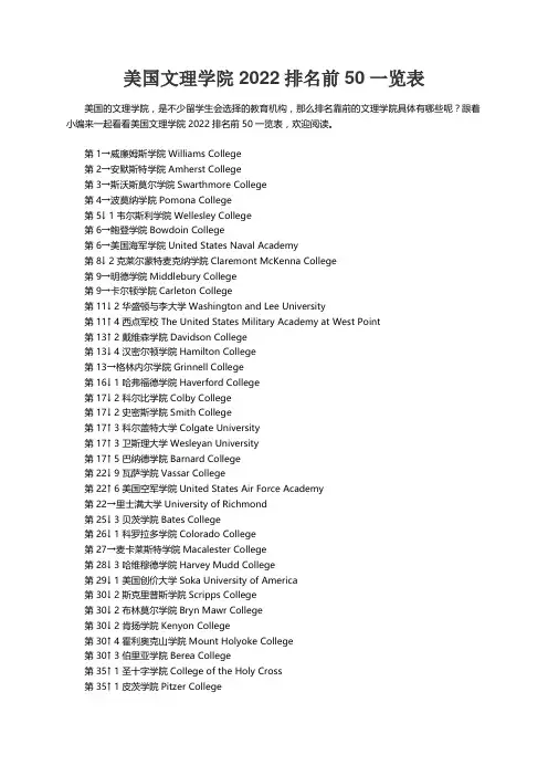 美国文理学院2022排名前50一览表