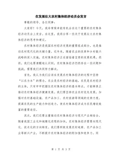 在发展壮大农村集体经济动员会发言