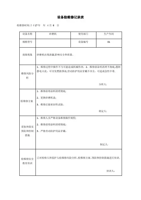 设备检维修记录表【范本模板】