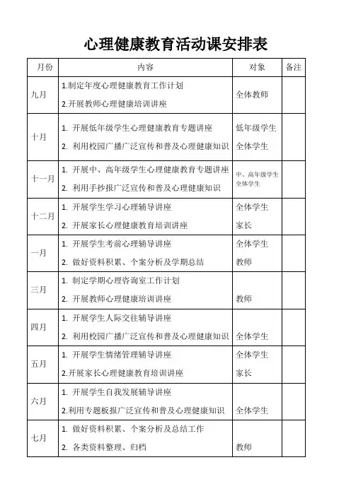 心理健康教育活动课安排表