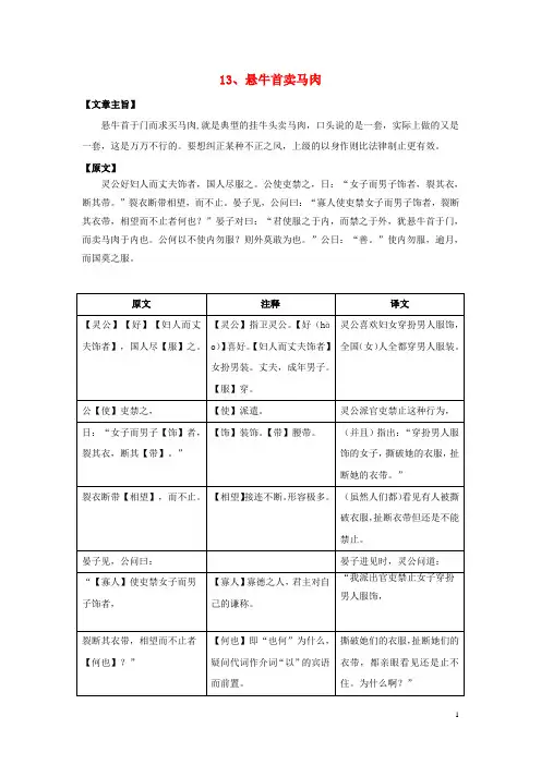 七年级语文上册课外文言文精读13《悬牛首卖马肉》练习新人教版