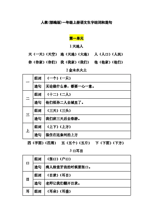 一年级语文上册组词