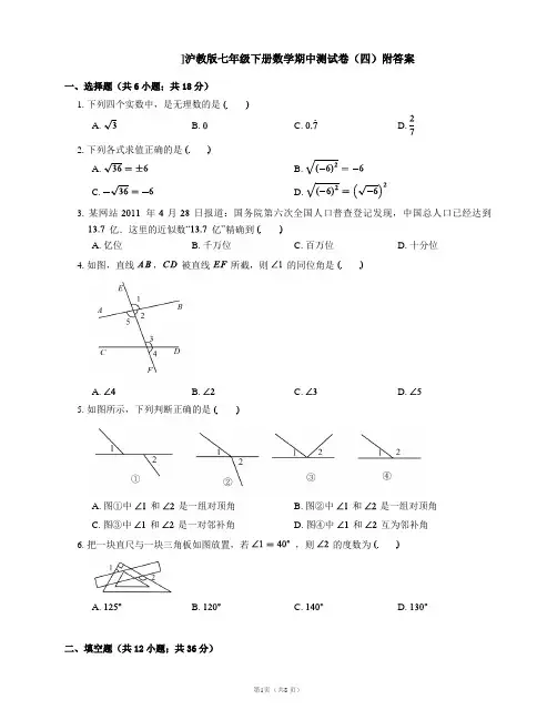 沪教版七年级下册数学期中测试卷(四)附答案