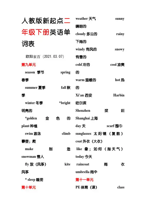 人教版新起点二年级下册英语单词表之欧阳家百创编