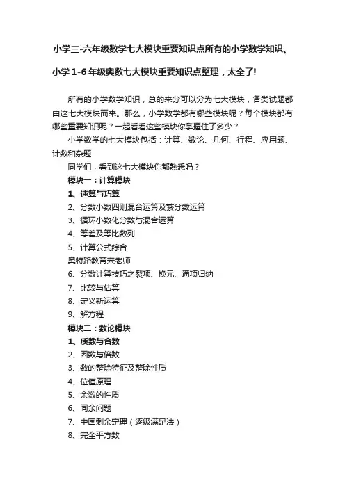 小学三-六年级数学七大模块重要知识点所有的小学数学知识、