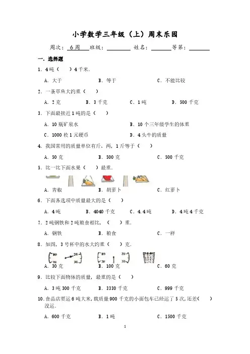 小学数学三年级三册周末乐园-6周
