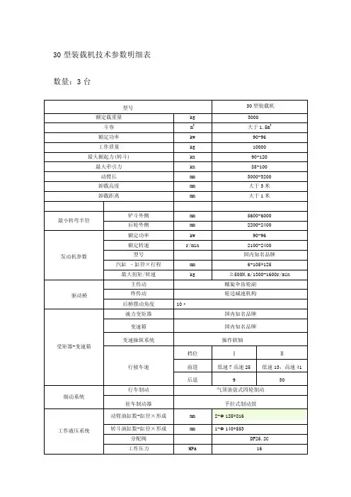 30型装载机技术参数明细表