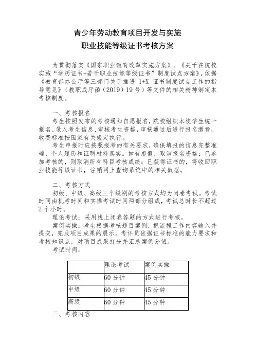 青少年劳动教育项目开发与实施职业技能等级证书考核方案