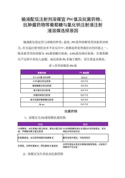 输液配伍注射剂溶媒宜PH值及抗菌药物、抗肿瘤药物等葡萄糖与氯化钠注射液注射液溶媒选择原因