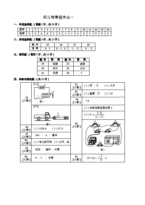 初三物理寒假作业答案