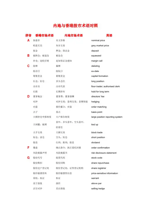 内地与香港股市术语对照