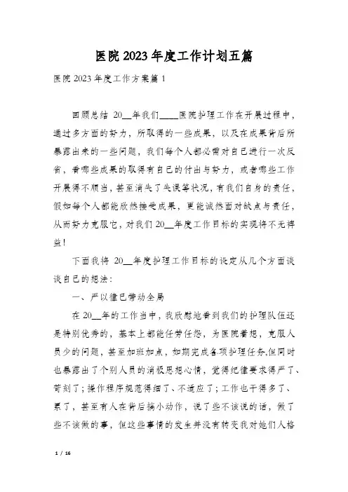 医院2023年度工作计划五篇