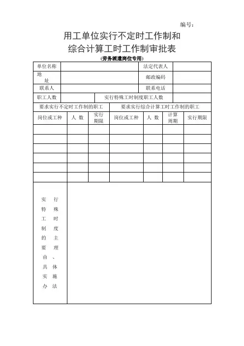 用人单位实行不定时工作制和综合工时审批表(劳务派遣岗位使用)