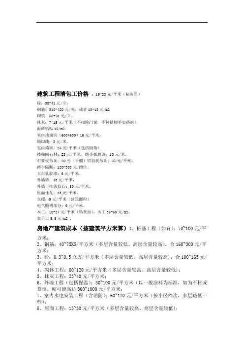 建筑工程清包工价格大全