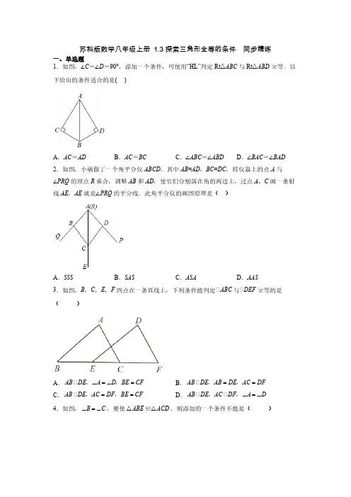 苏科版数学八年级上册 1-3探索三角形全等的条件  同步精练(含答案)-doc