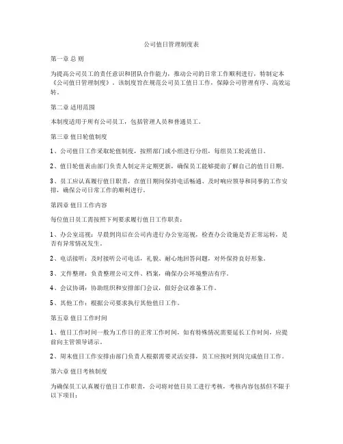 公司值日管理制度表