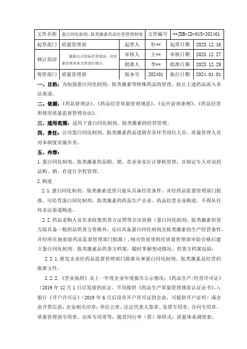 蛋白同化制剂、肽类激素药品经营管理制度