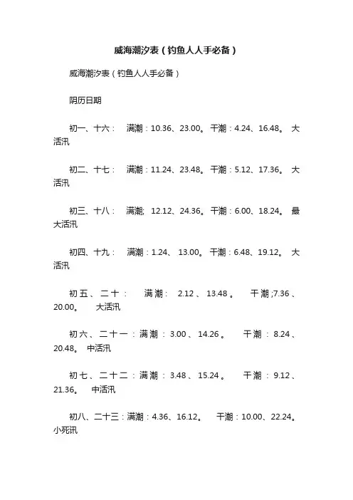 威海潮汐表（钓鱼人人手必备）