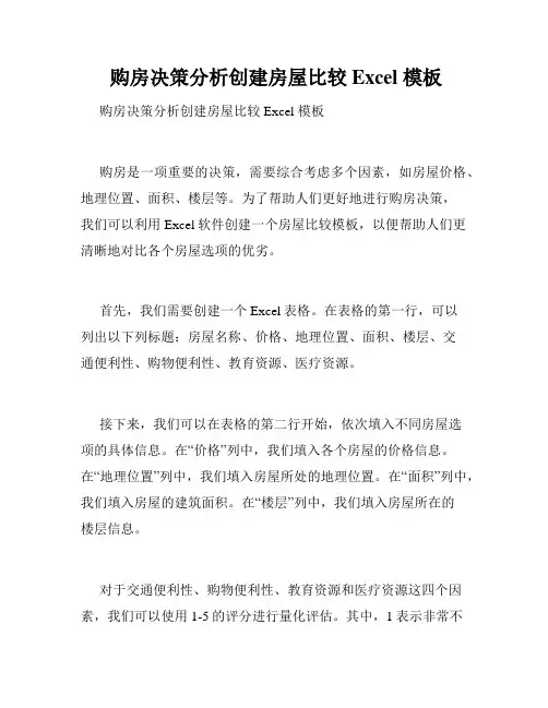  购房决策分析创建房屋比较 Excel 模板