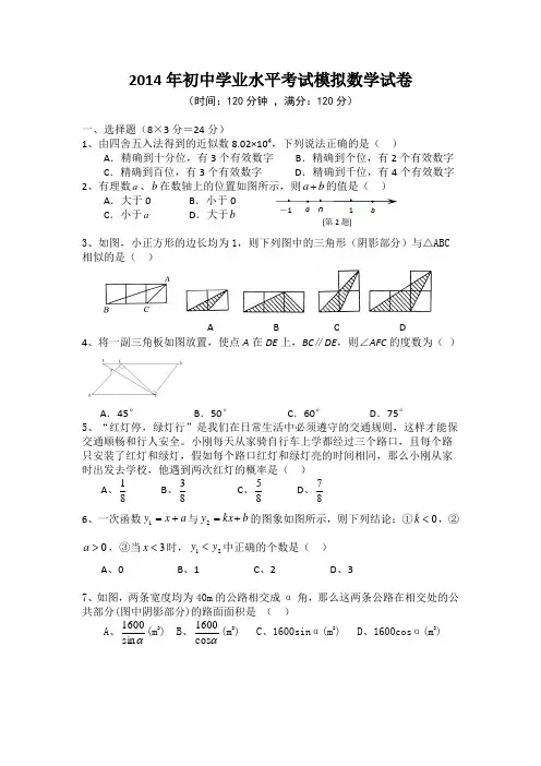 2014年虎跳中学中考数学模拟试题 (2)