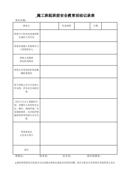 班组班前安全教育活动记录表