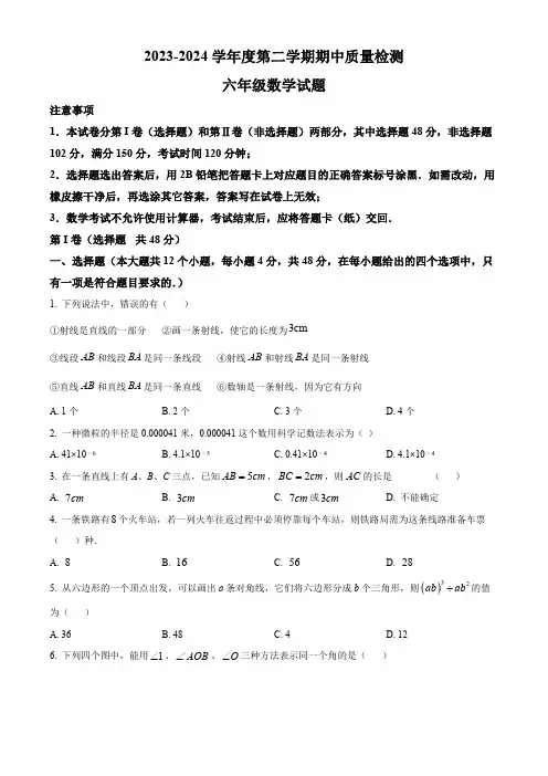 山东省泰安市东平县2023-2024学年鲁教版(五四制)六年级下学期数学期中试题(含答案)