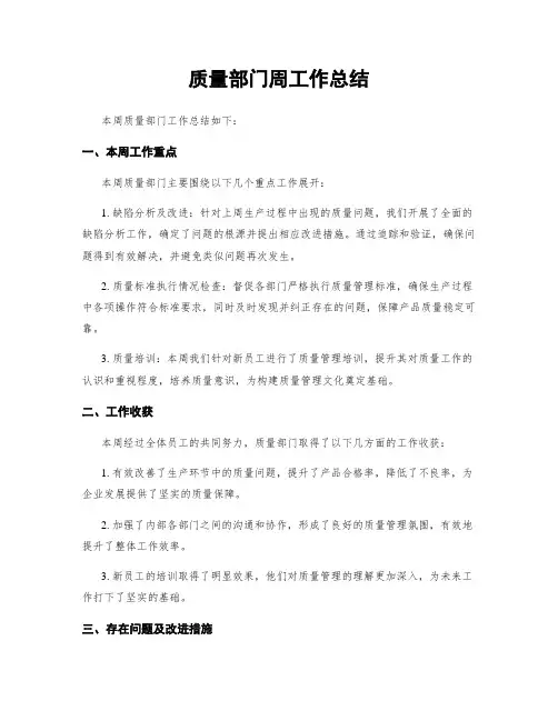 质量部门周工作总结