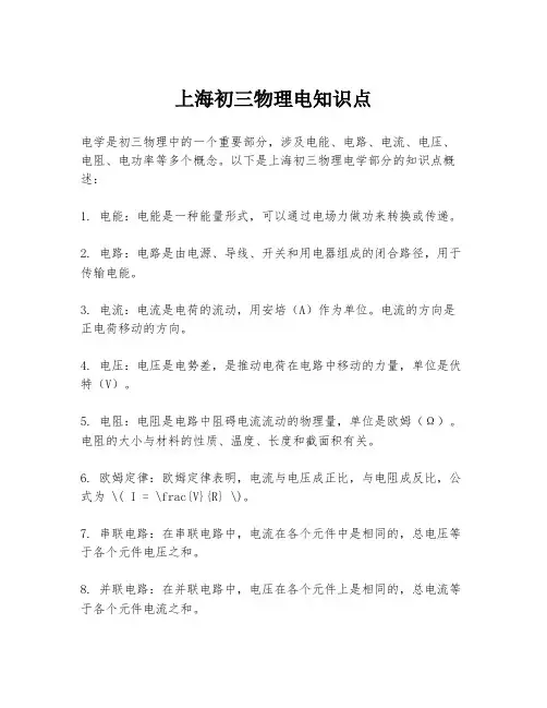 上海初三物理电知识点