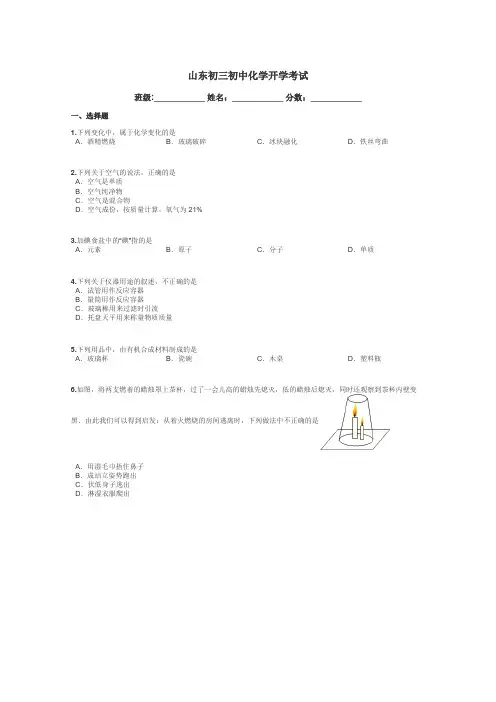 山东初三初中化学开学考试带答案解析
