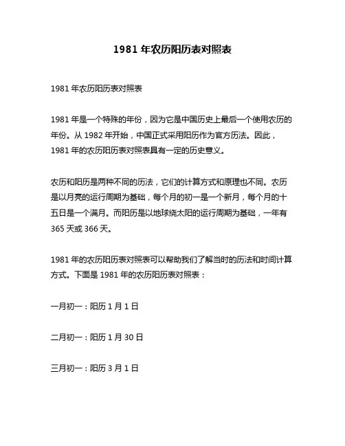 1981年农历阳历表对照表