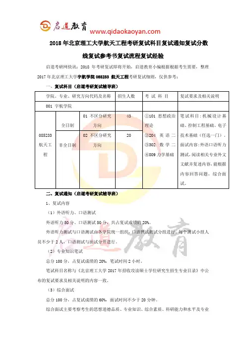 2018年北京理工大学航天工程考研复试科目复试通知复试分数线复试参考书复试流程复试经验