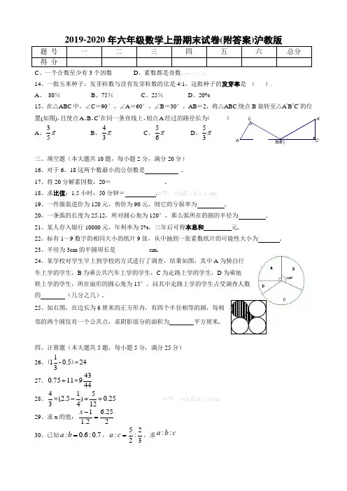 2019-2020年六年级数学上册期末试卷(附答案)沪教版