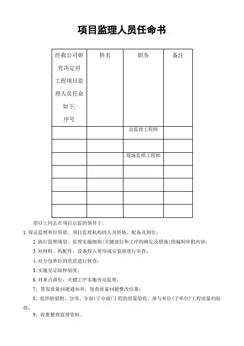 5：监理人员任命书(范本)